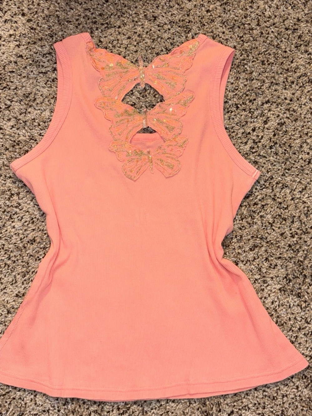 MKM Designs Coral Pink Ribbed Tank with Gold Glitter Butterfly Back